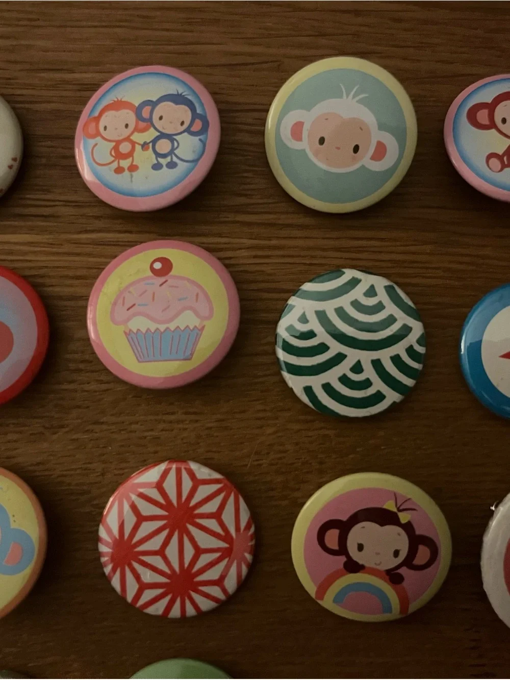 Colorful Monkey & Fun Badge Button Set - Pink, Blue, Green